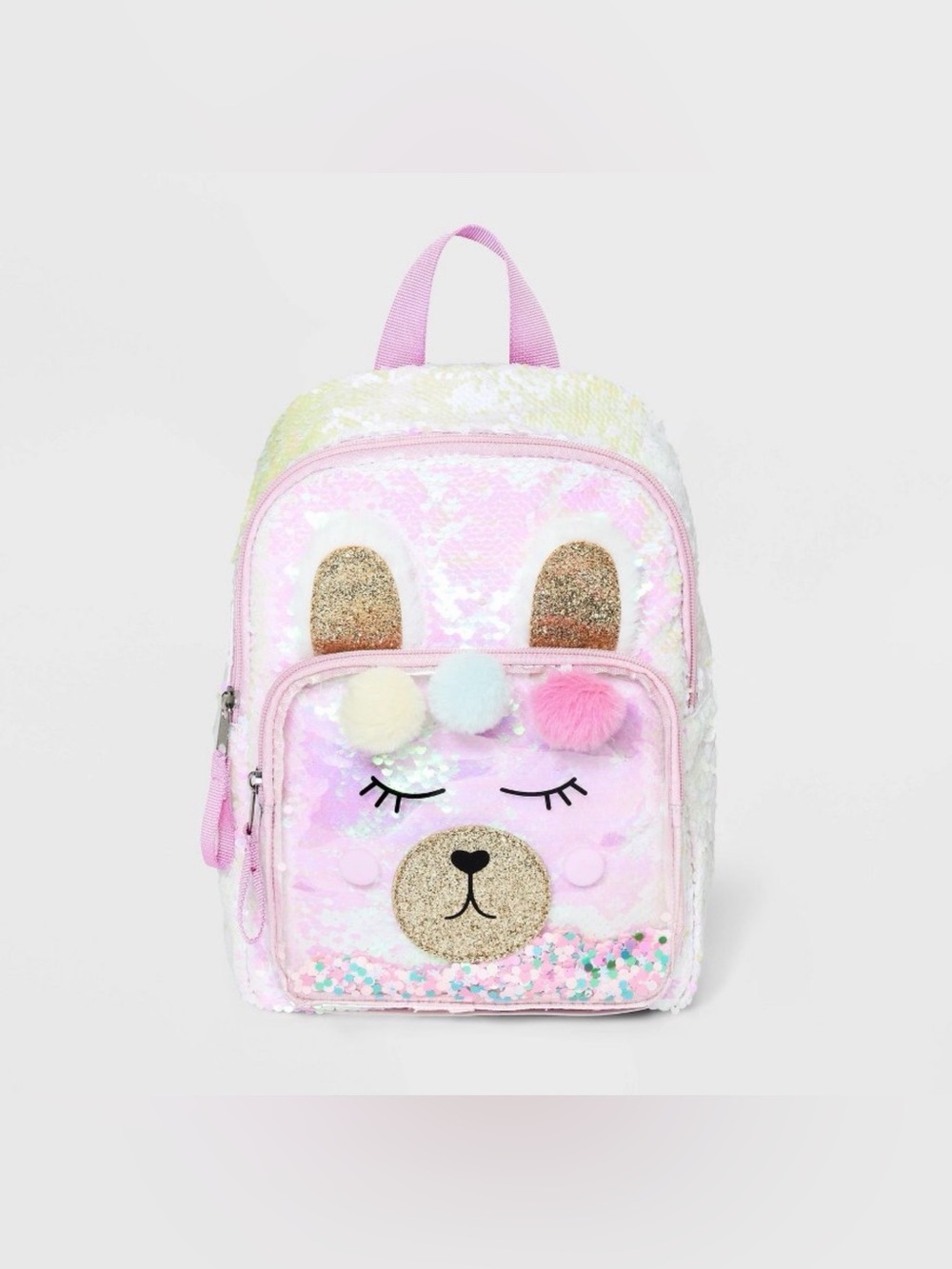 Cat & Jack Pink Sequin Plush Llama Kids Backpack with Pom-Poms